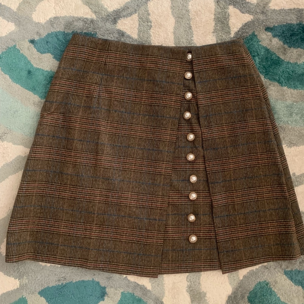 Brown Sugar Plaid Skirt with Pearl Buttons Front